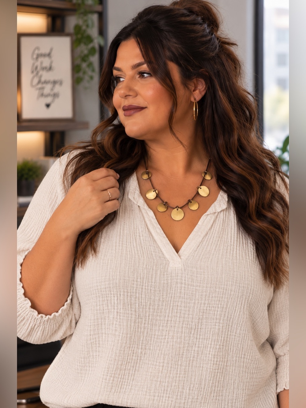 Gold Tone Disc Necklace Brown Leather Cord Boho Statement